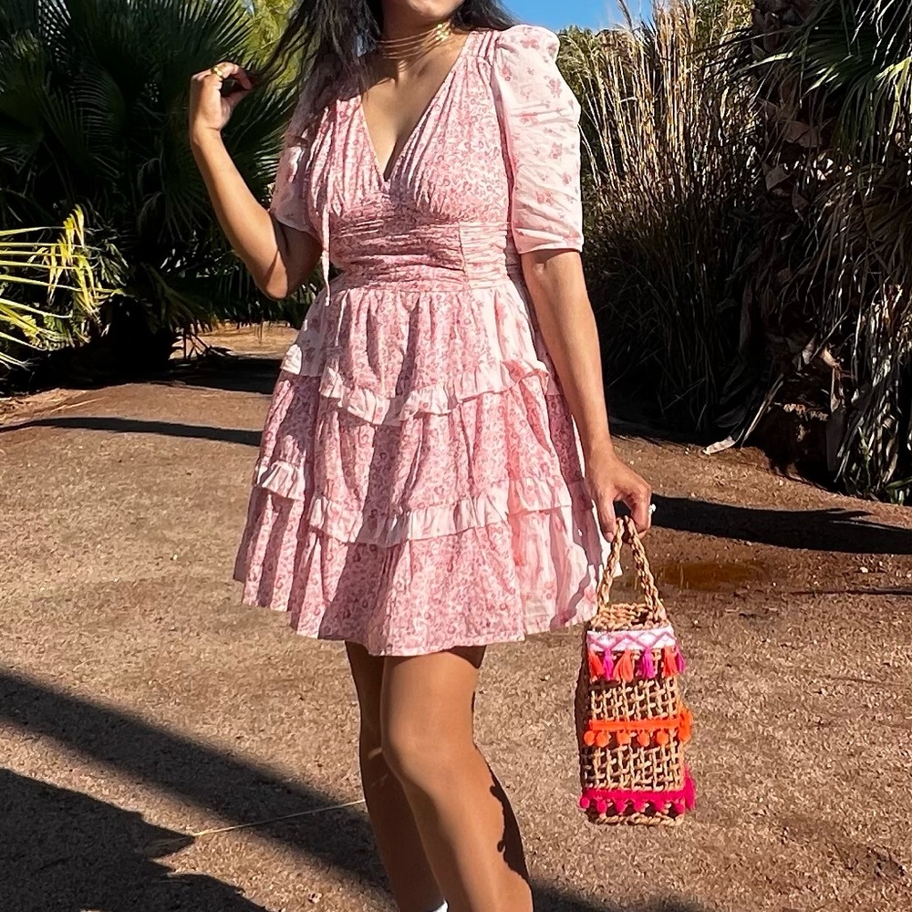 American Eagle Outfitters Pink Ruffled Puff Sleeve Mini Dress